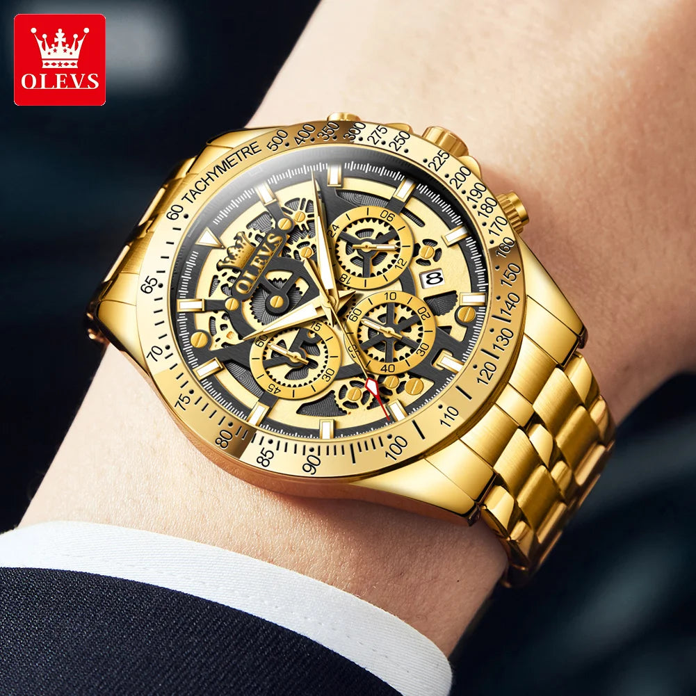 OLEVS 9913 – Montre homme squelette dorée, chrono