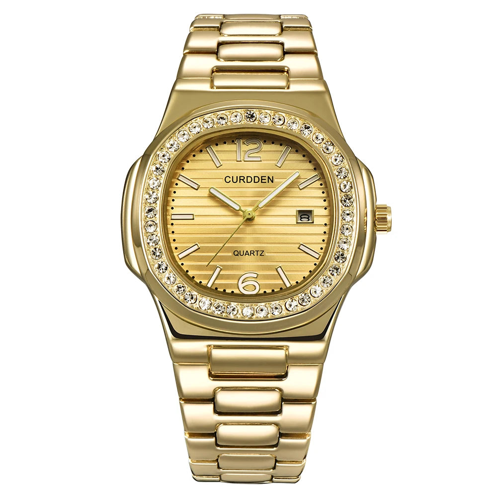 Montre homme dorée élégante, quartz, bracelet alliage