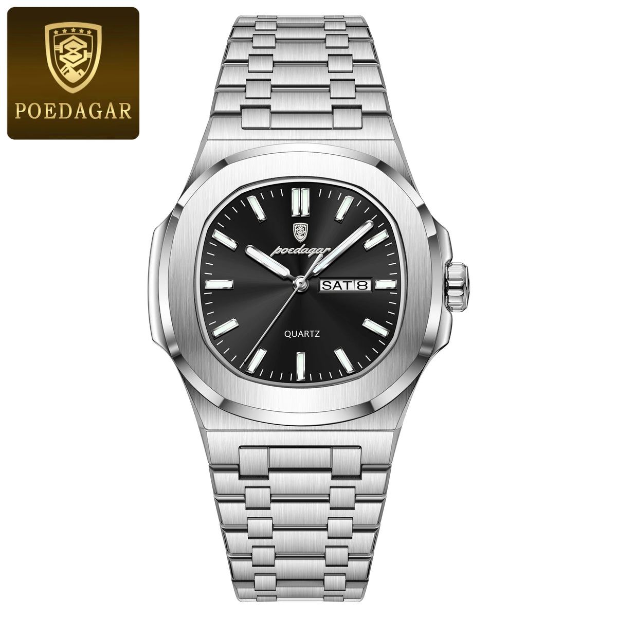POEDAGAR – Montre homme carré acier, lumineux, date