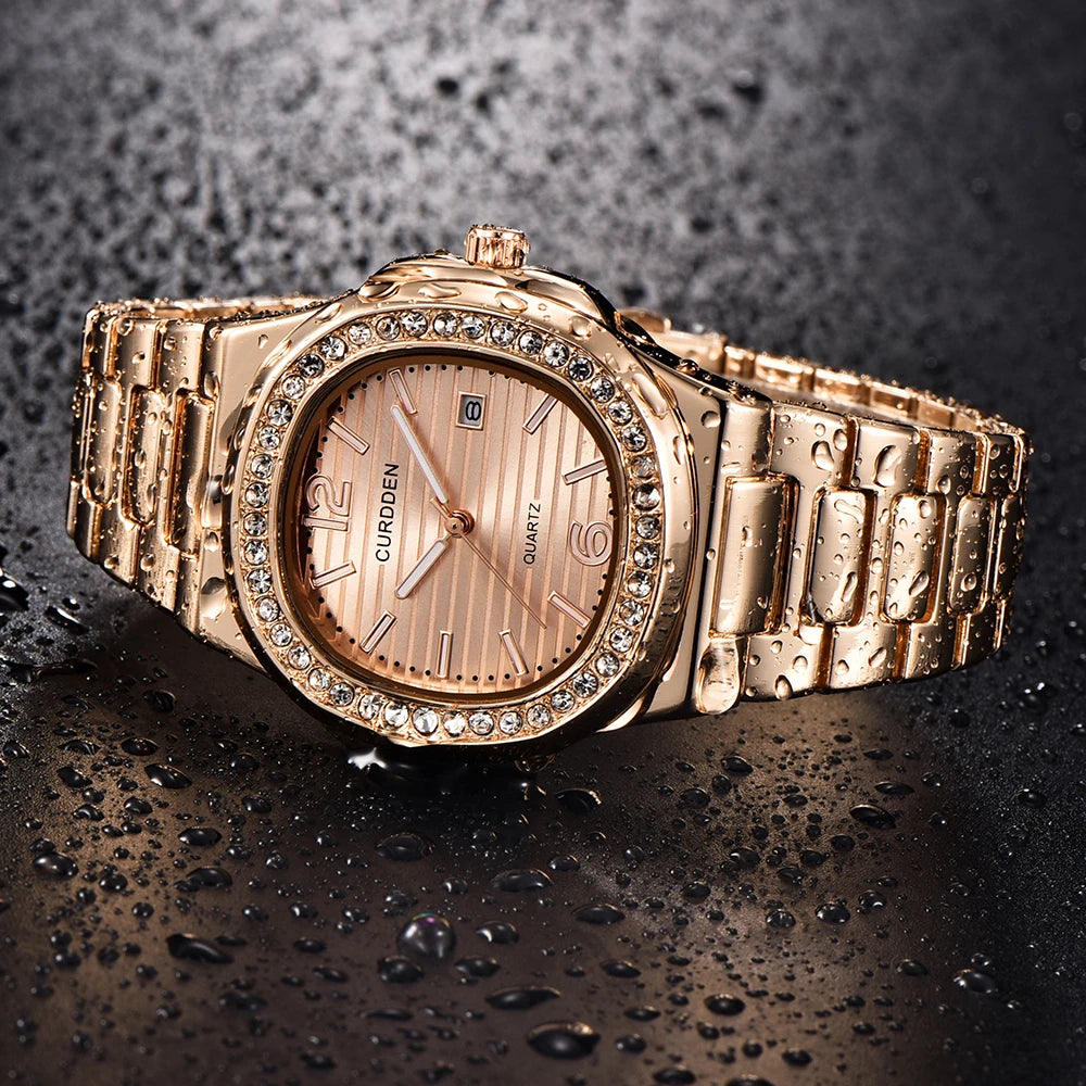 Montre homme dorée élégante, quartz, bracelet alliage