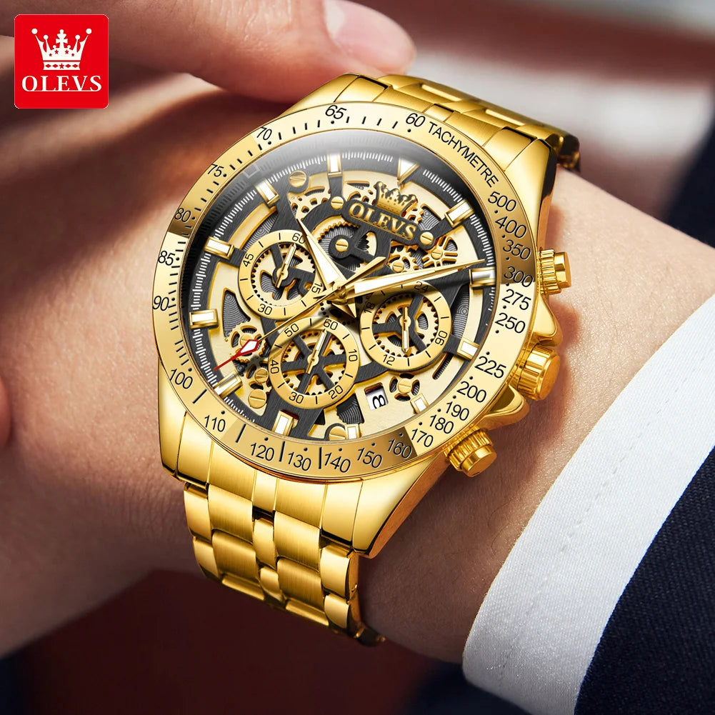 OLEVS 9913 – Montre homme squelette dorée, chrono