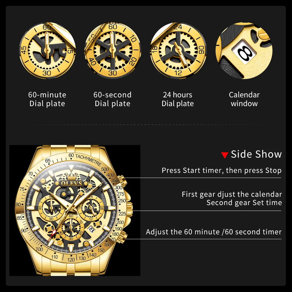 OLEVS 9913 – Montre homme squelette dorée, chrono