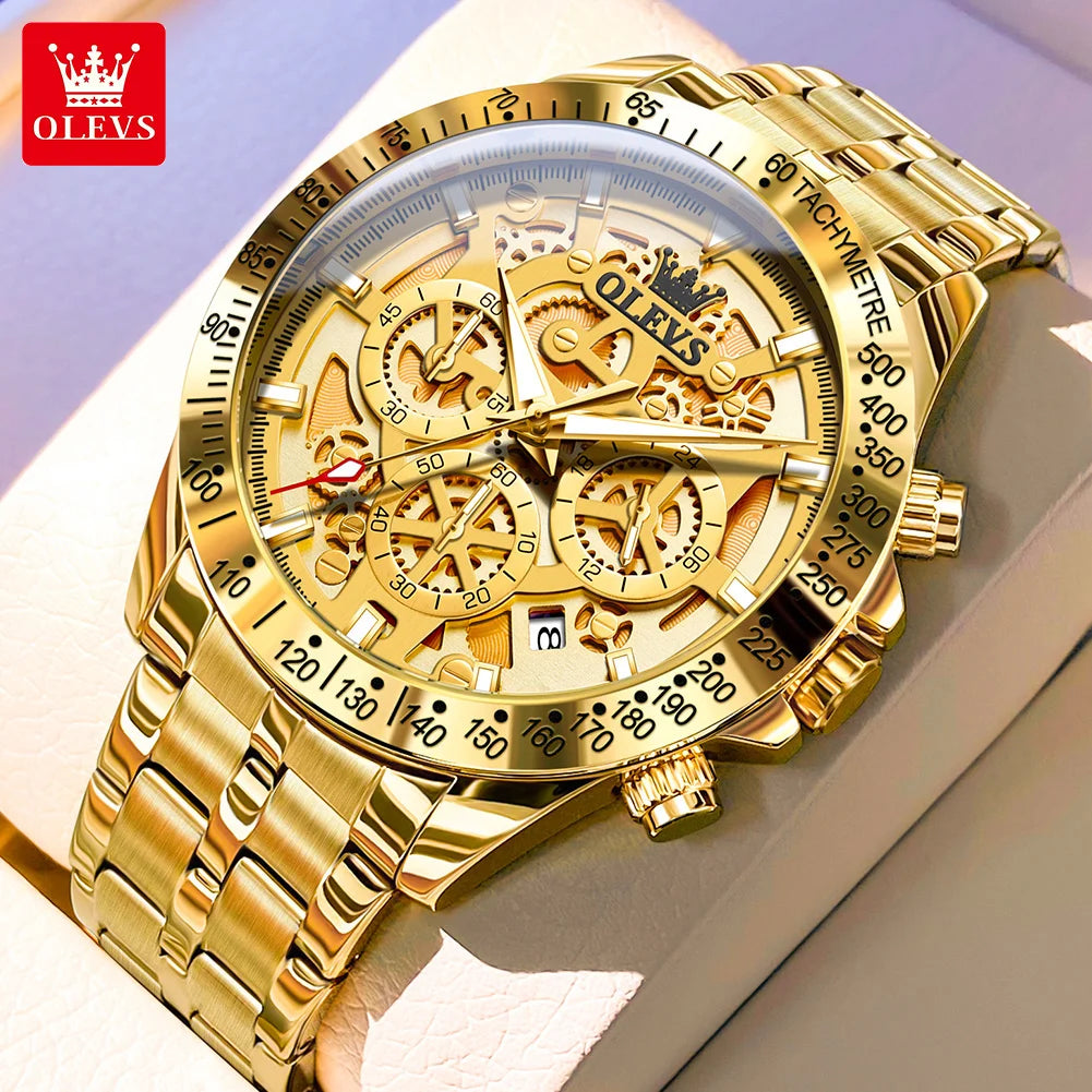 OLEVS 9913 – Montre homme squelette dorée, chrono