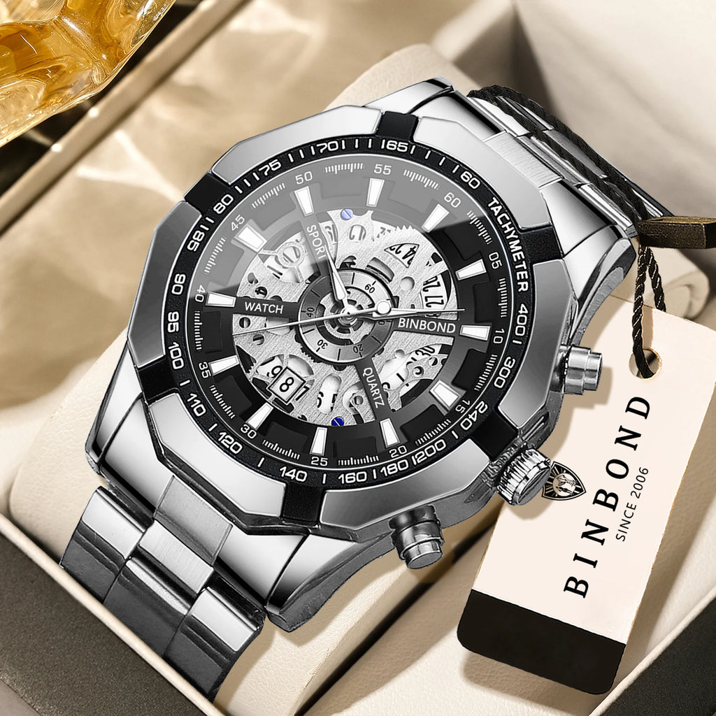 BINBOND – Montre homme luxe creux, lumineux, sport