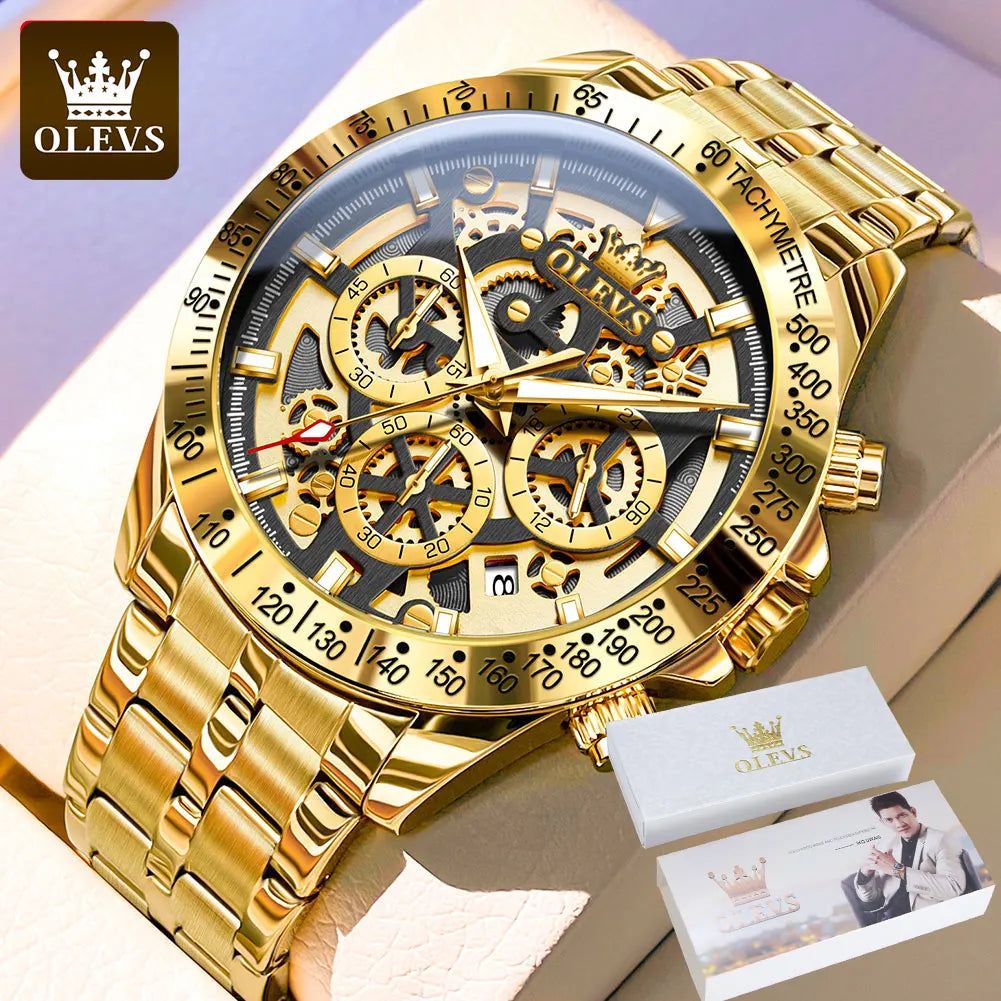 OLEVS 9913 – Montre homme squelette dorée, chrono